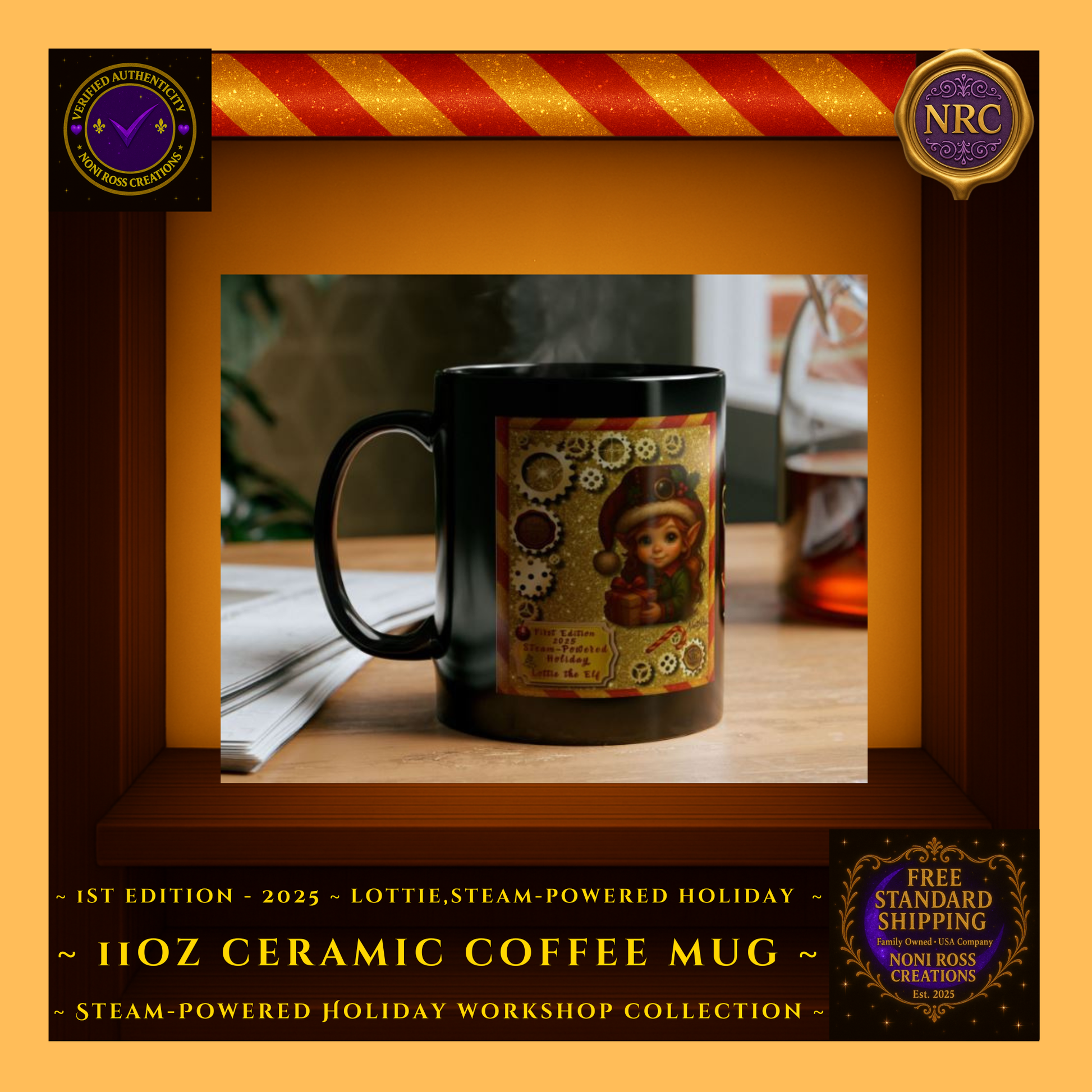 Lifestyle gold cubby image of Lottie the Elf First Edition mug displayed in a cozy holiday home setting with festive décor