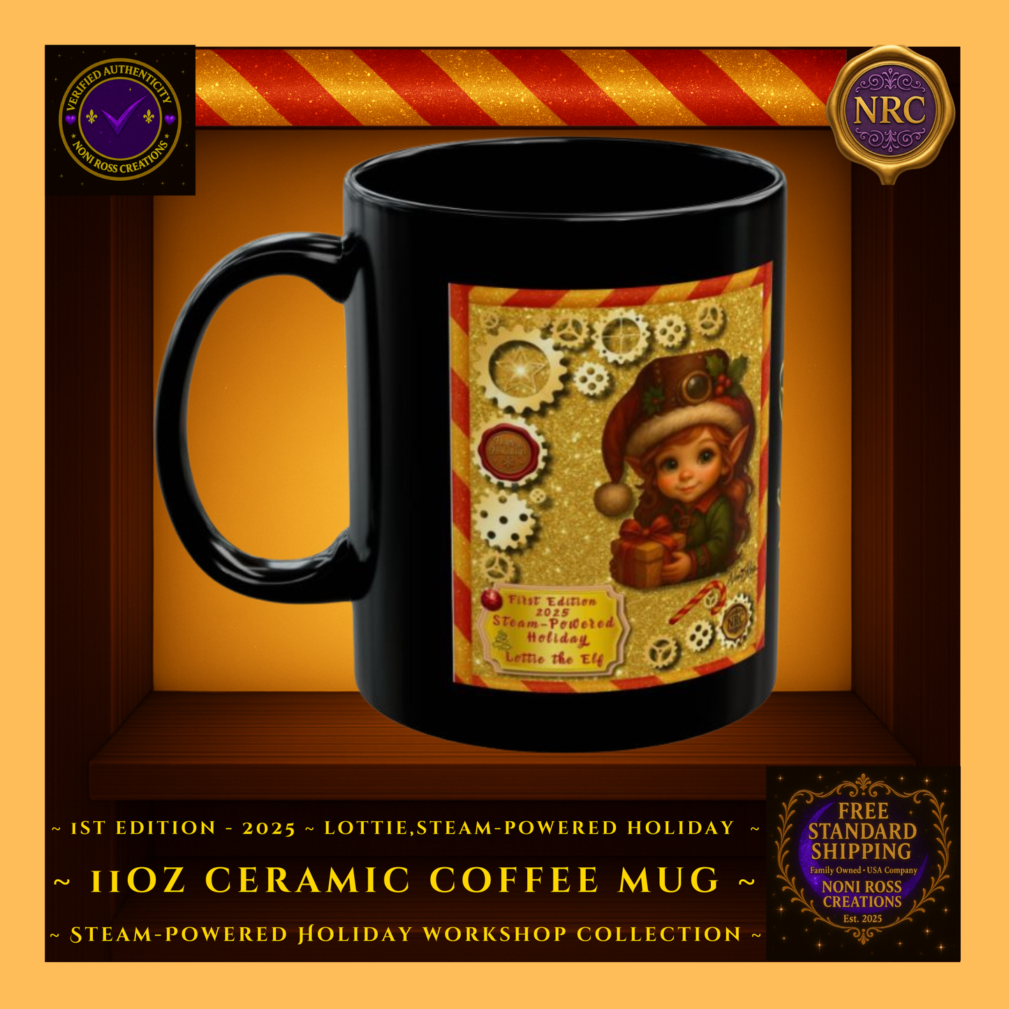 Right side gold cubby view of Lottie the Elf First Edition 2025 mug highlighting holiday artwork and golden accents