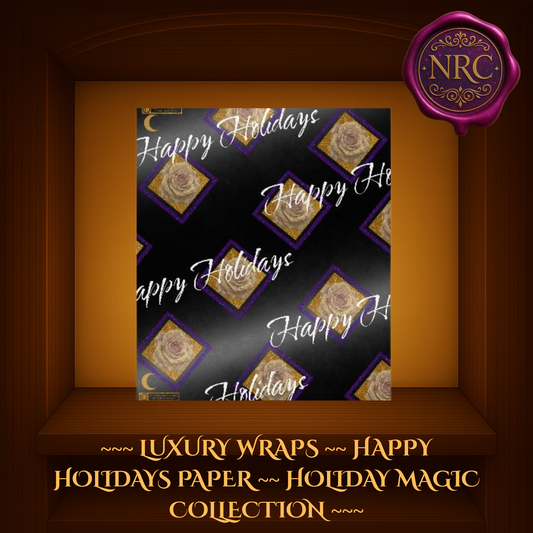 Elegant “Happy Holidays” Black Luxe Wrapping Paper featuring diagonal gold roses with purple borders on black satin background and white script by Noni Ross Creations