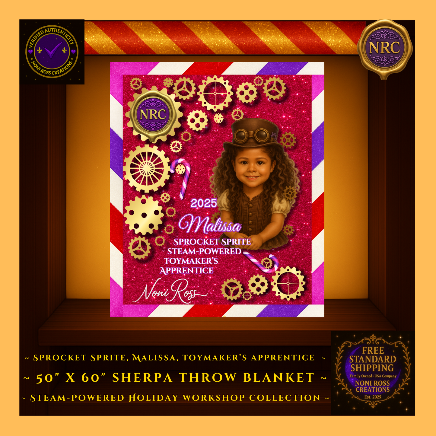 Gold Cubby – Close-Up of Malissa Sherpa Blanket: High-detail gears, red glitter texture, premium artwork shading, NRC holiday design elements