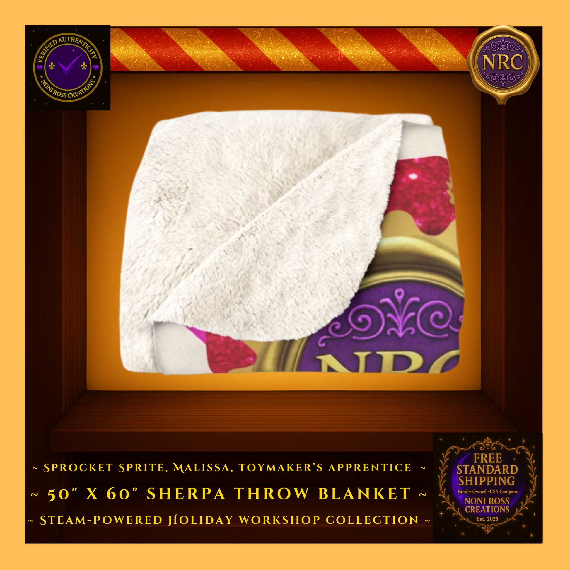 Gold Cubby – Malissa Sherpa Blanket Folded View: Neatly folded red glitter steampunk holiday blanket showing golden gears, peppermint accents, and plush white sherpa backing – Noni Ross Creations