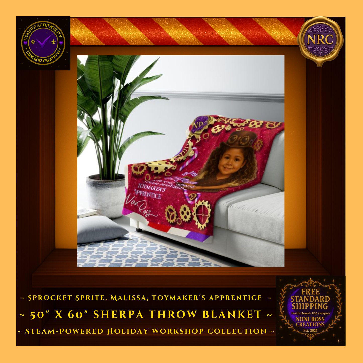 Gold Cubby – Malissa Sherpa Blanket Displayed on Crib: Cozy holiday nursery décor with steampunk gears and sparkling red glitter theme – NRC premium sherpa throw