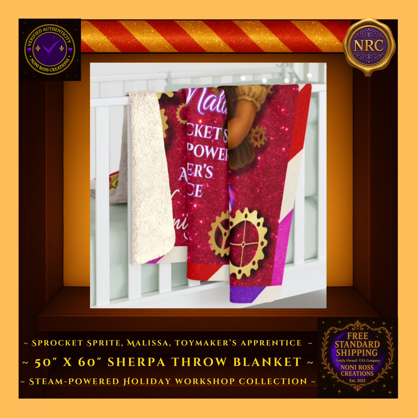 Gold Cubby – Malissa Sherpa Blanket on Couch: Warm holiday living room setup with golden gears, peppermint stripes, and magical steampunk artwork – Noni Ross Creations