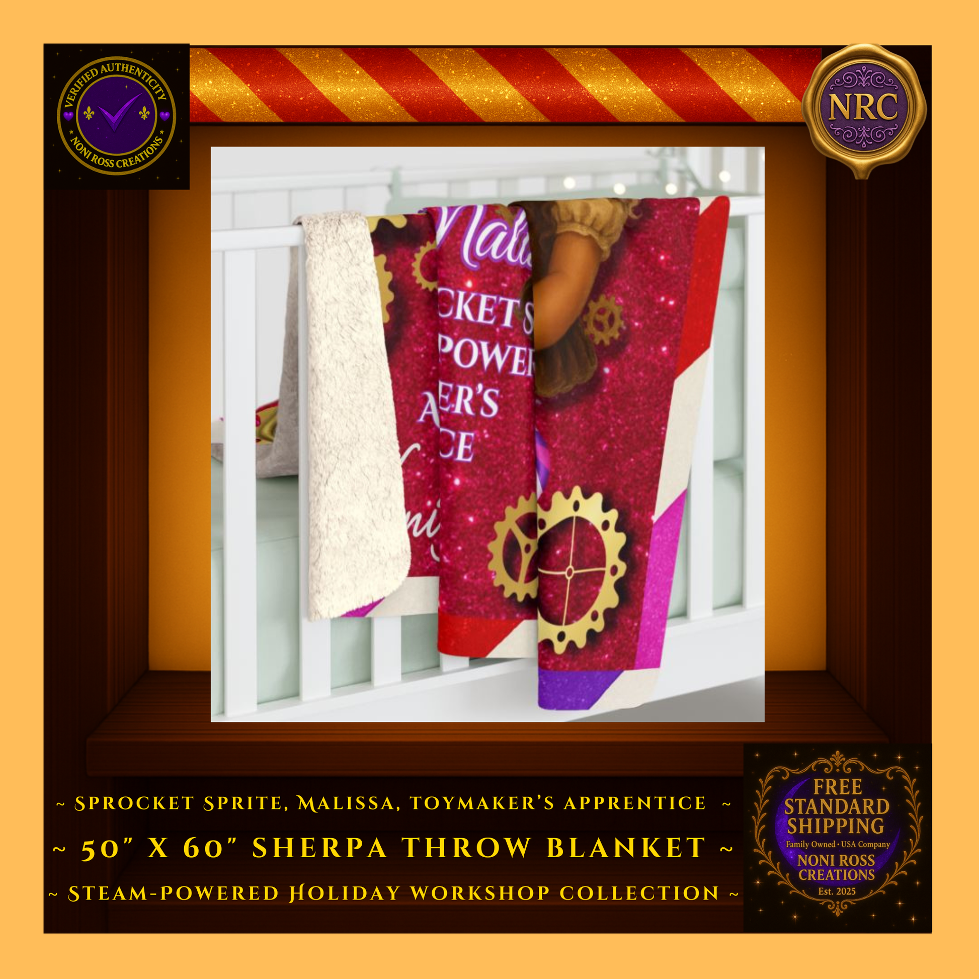 Gold Cubby – Malissa Sherpa Blanket on Couch: Warm holiday living room setup with golden gears, peppermint stripes, and magical steampunk artwork – Noni Ross Creations