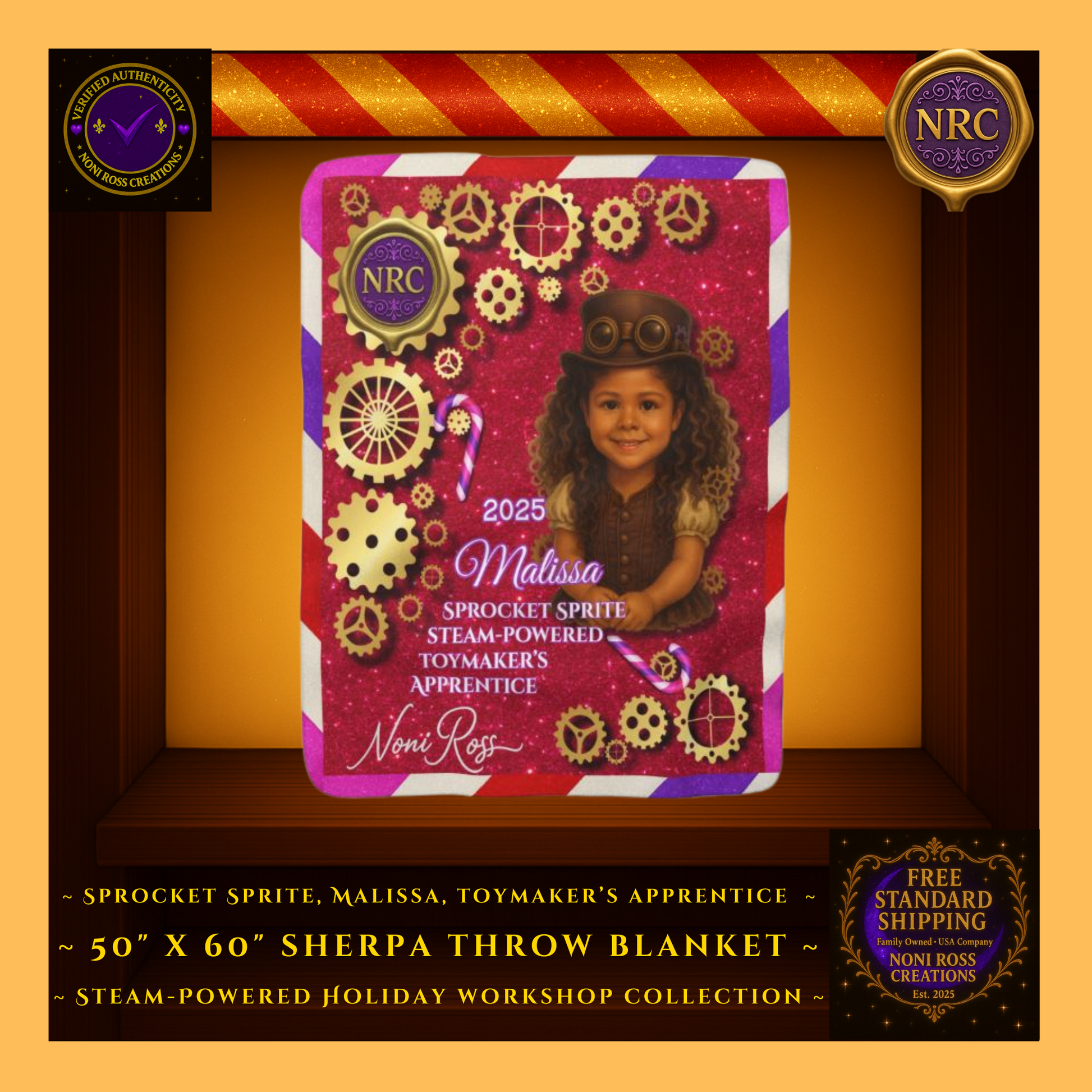 Gold Cubby – Malissa Sprocket Sprite Sherpa Blanket Main Image: Red glitter background, golden gears, peppermint accents, and Malissa character artwork – Steam-Powered Holiday Workshop