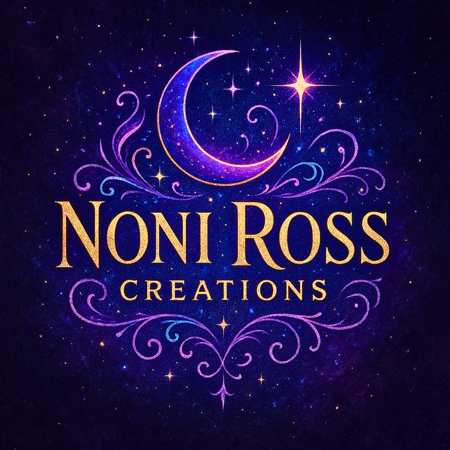 Noni Ross Creations moon-and-stars logo—gold lettering with crescent moon, star, and swirling filigree on midnight blue
