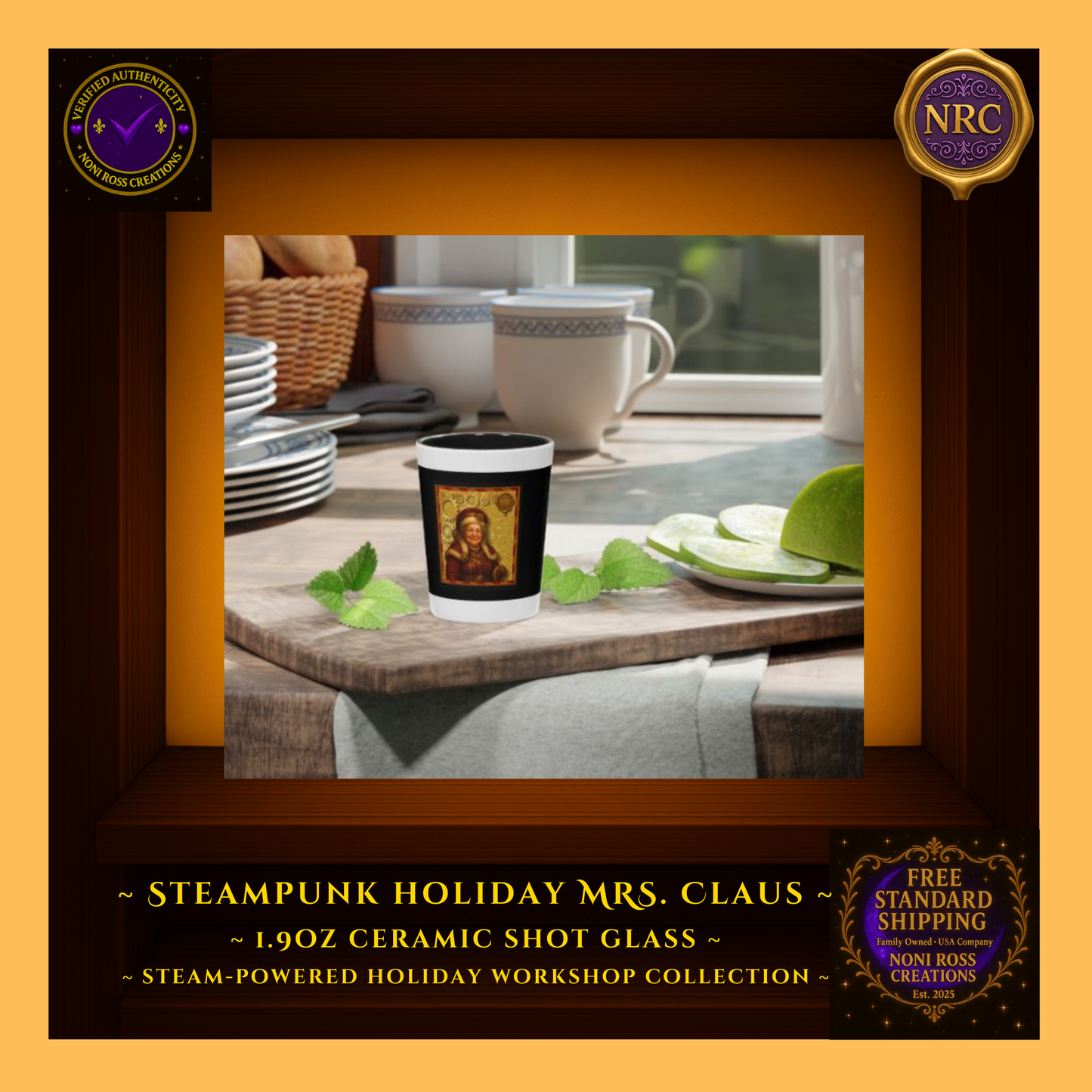 Steampunk Holiday Mrs. Claus 1.9oz ceramic shot glass styled in NRC cubby scene as festive holiday bar décor accent.