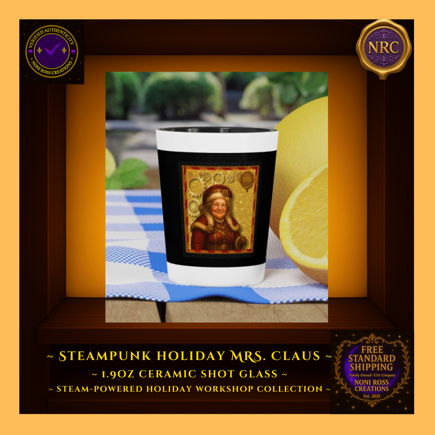 Steampunk Holiday Mrs. Claus 1.9oz ceramic shot glass in NRC cubby lifestyle setting, ready for Christmas entertaining and gift giving.