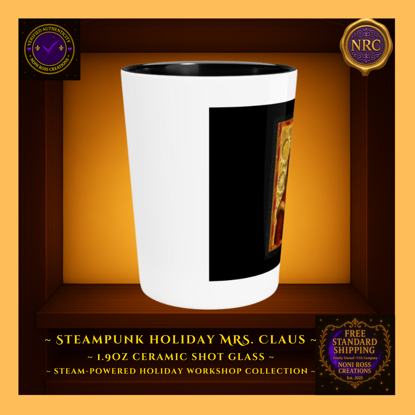Steampunk Holiday Mrs. Claus 1.9oz ceramic shot glass in NRC cubby frame, left side angle showing glossy black and white rim.