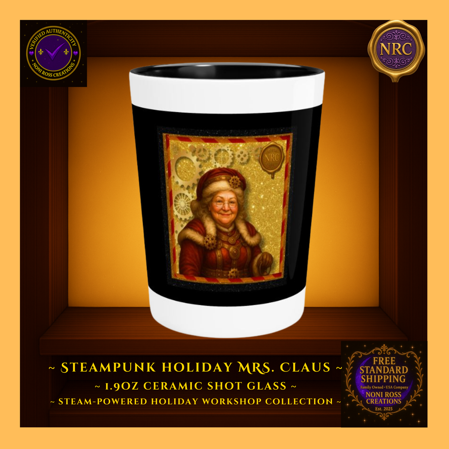 Steampunk Holiday Mrs. Claus 1.9oz ceramic shot glass centered in NRC golden cubby frame, front design fully visible.