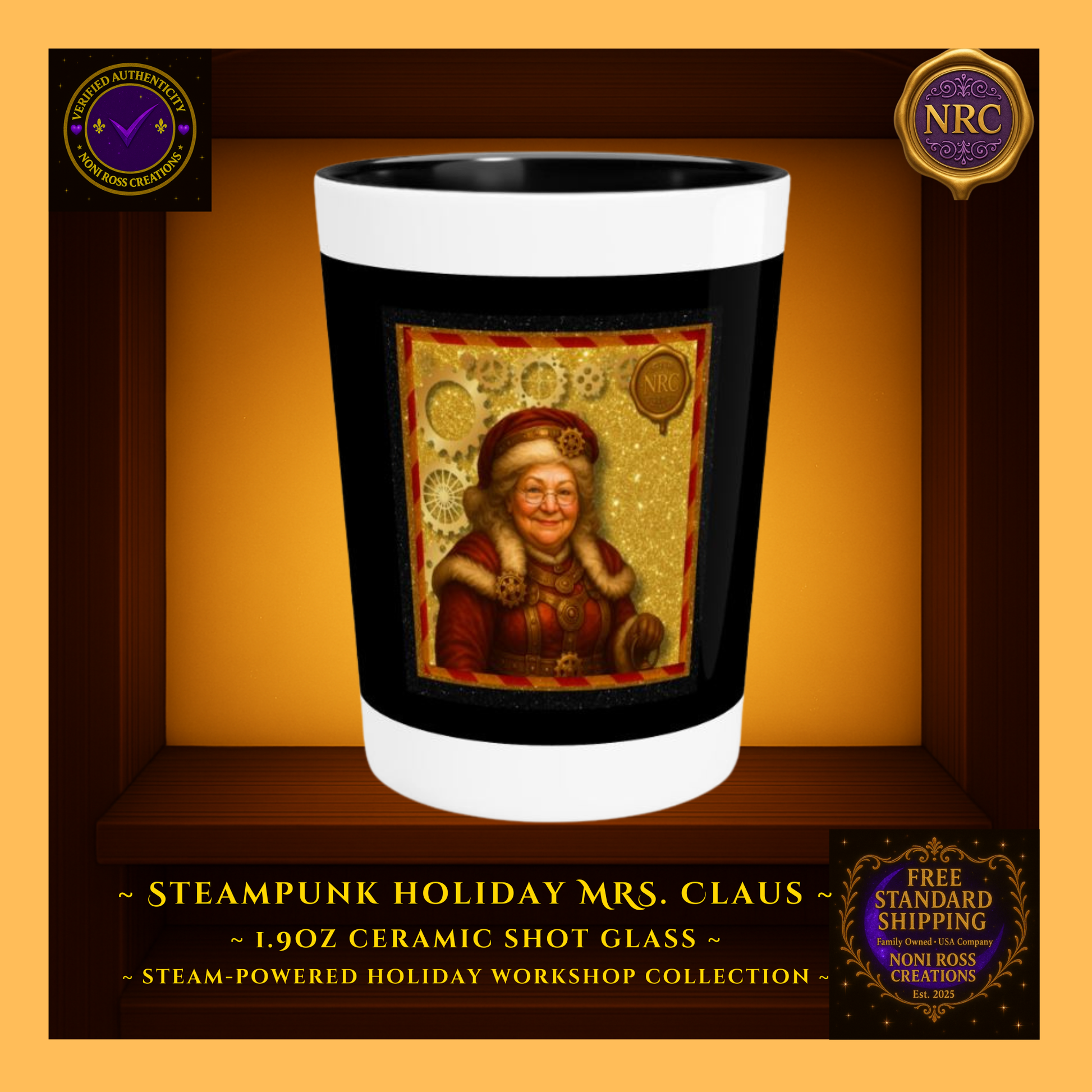Steampunk Holiday Mrs. Claus 1.9oz ceramic shot glass centered in NRC golden cubby frame, front design fully visible.