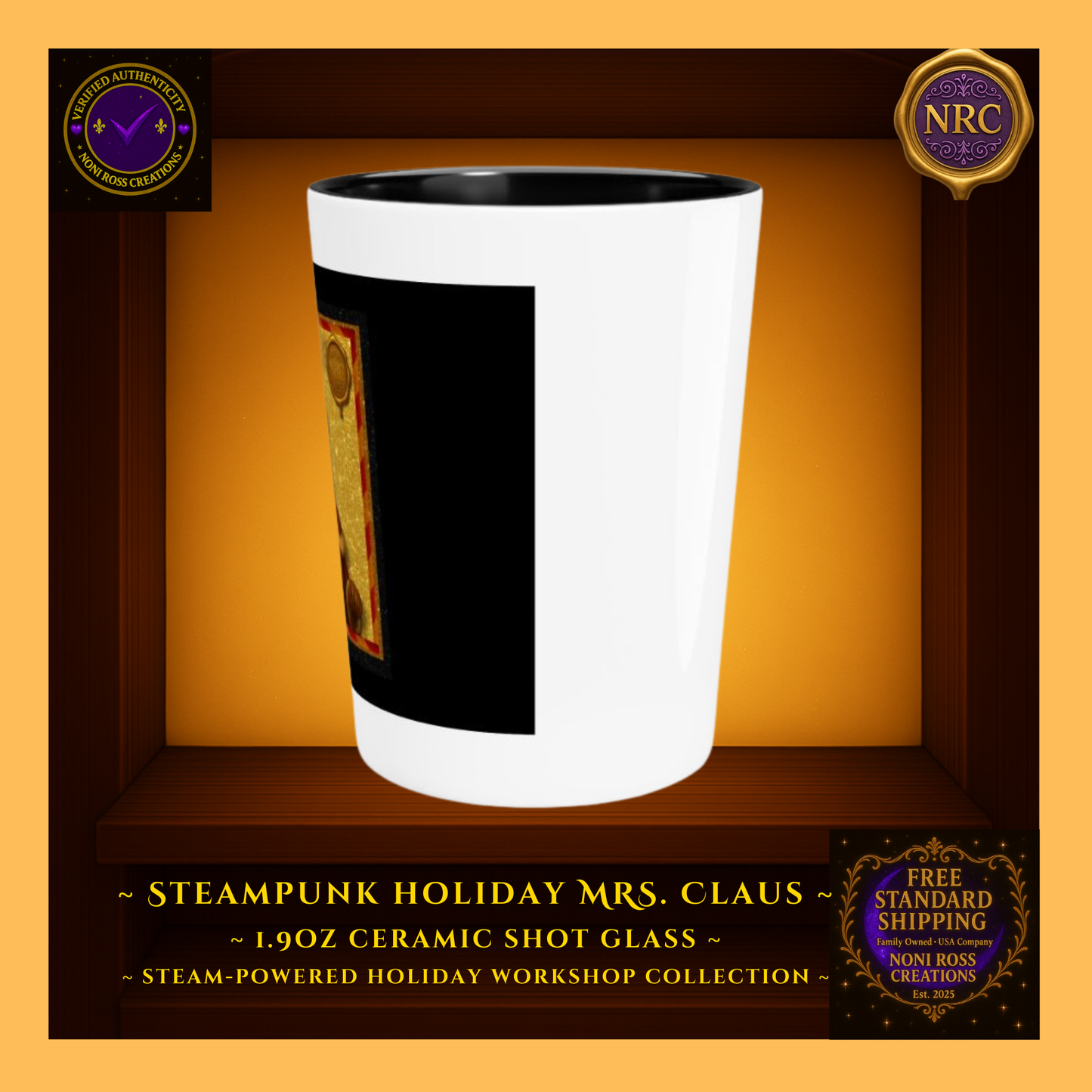 Steampunk Holiday Mrs. Claus 1.9oz ceramic shot glass in NRC cubby frame, right side angle highlighting curved silhouette and artwork edge.