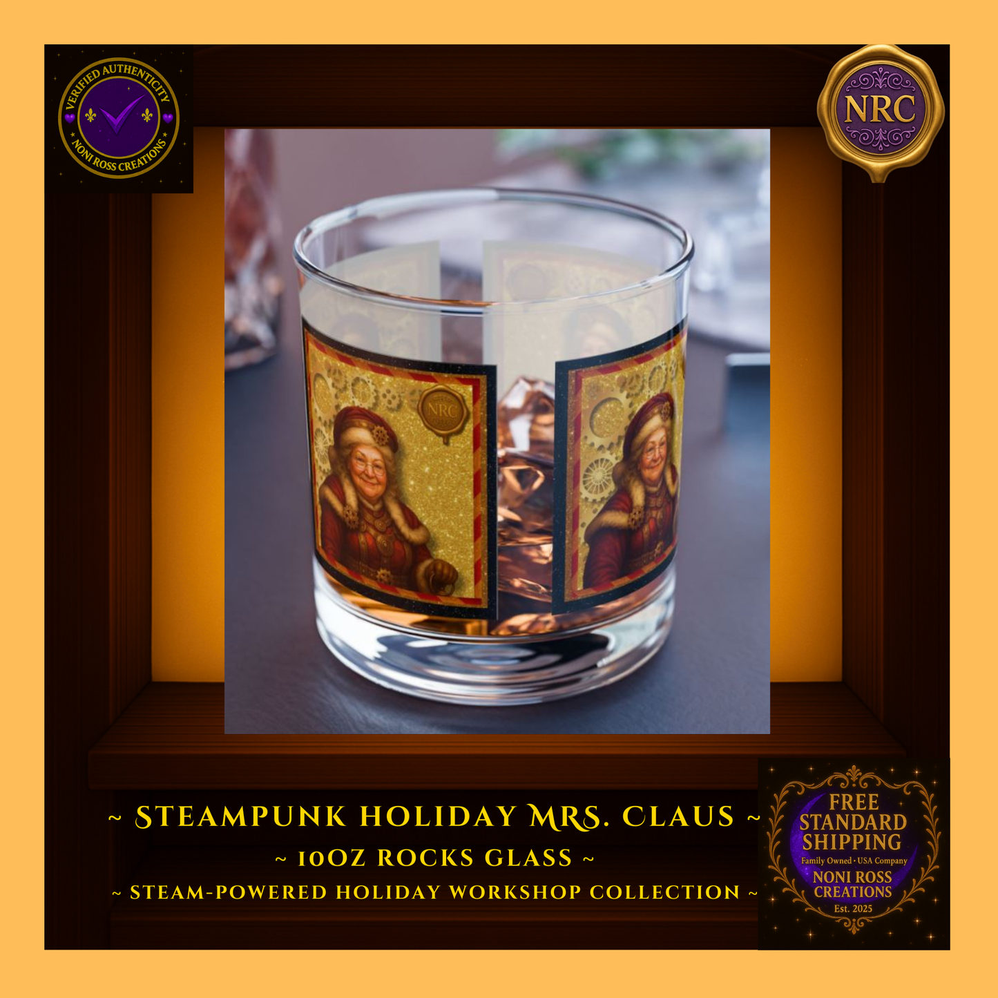 Steampunk Mrs. Claus 10oz rocks glass in NRC cubby lifestyle scene, styled as elegant holiday barware on a Christmas-themed surface.