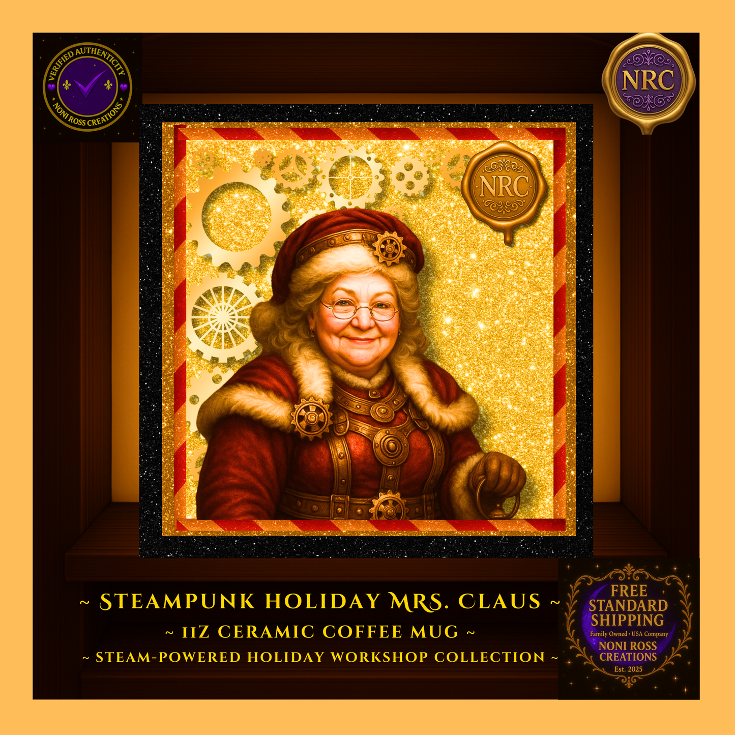 Close-up of Mrs. Claus artwork with metallic gears and rich red accents on glossy ceramic; crisp print detail visible.