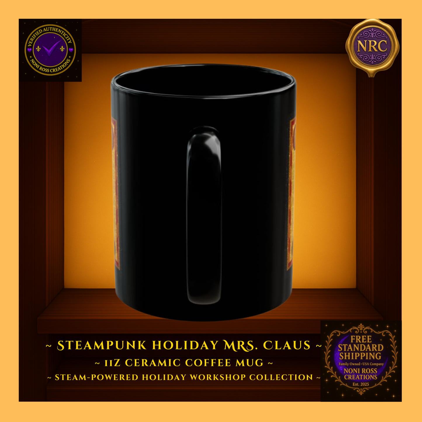 Handle view of Mrs. Claus ceramic mug showing comfortable curved grip and edge of steampunk artwork wrap.