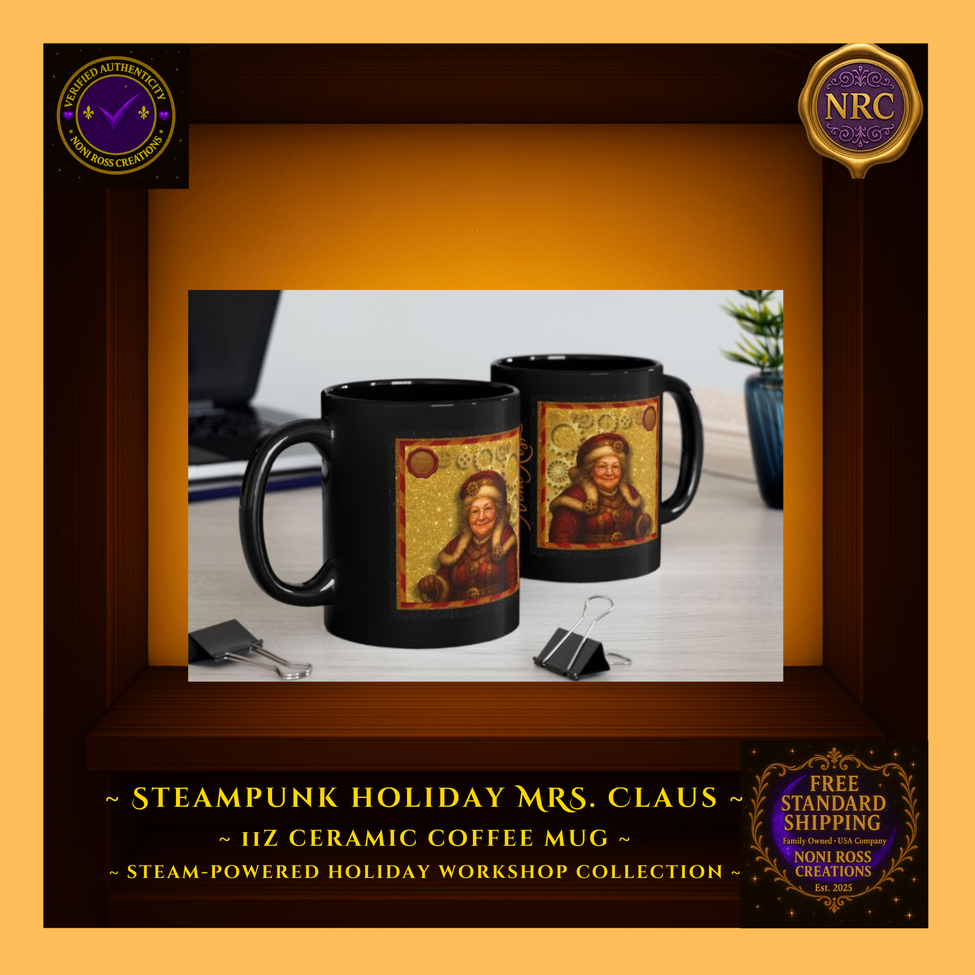 11oz Mrs. Claus coffee mug held in hand near Christmas tree lights, showing real-life scale and warm seasonal glow.