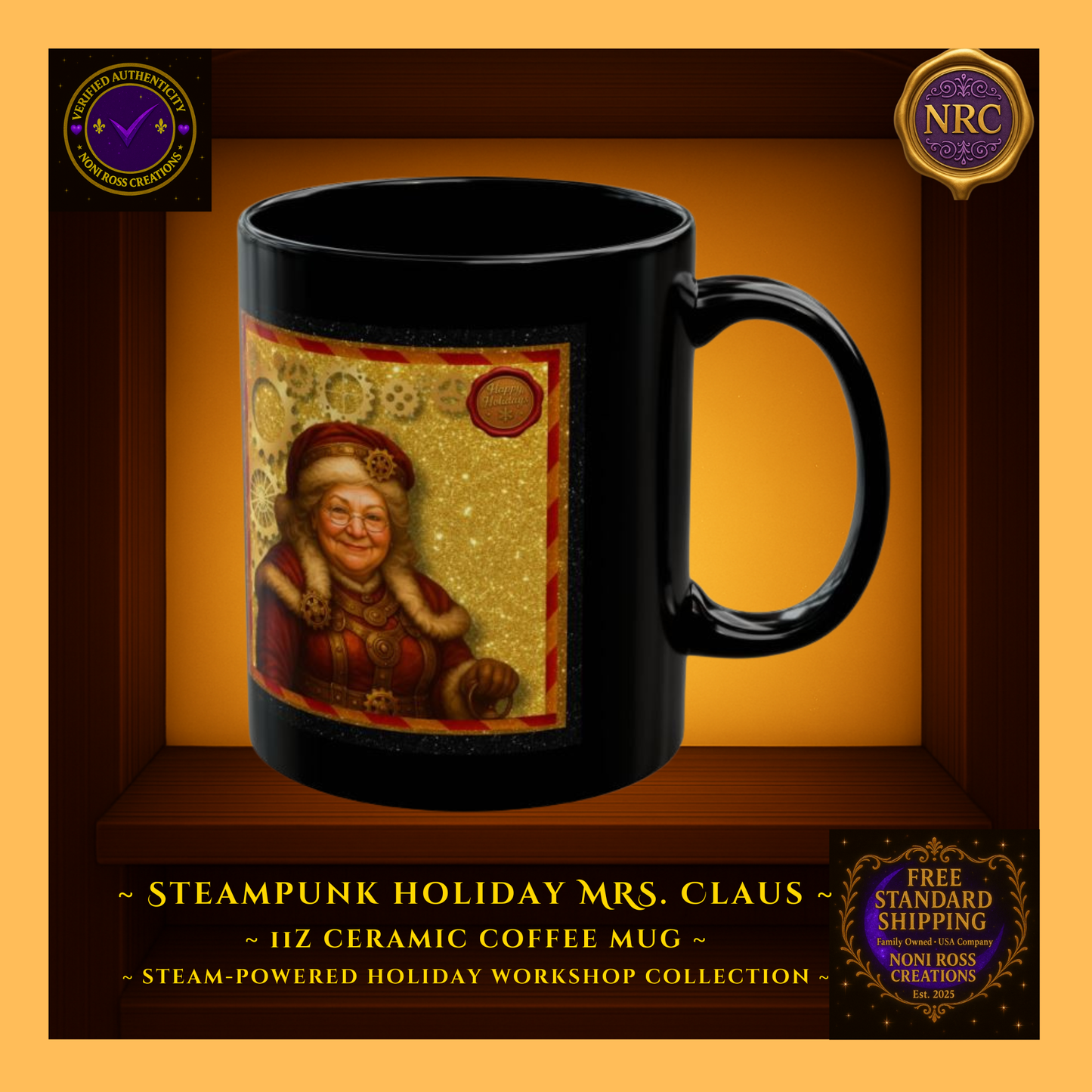 Left-side view of Mrs. Claus 11oz mug showing wrap artwork edge, brass cog details, and glossy finish.