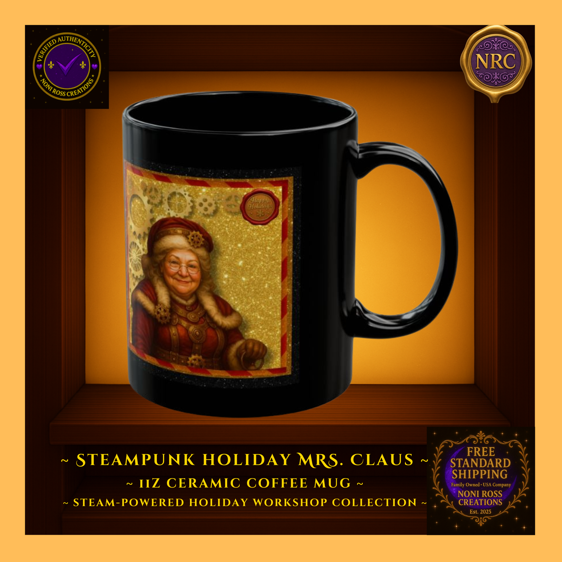 Left-side view of Mrs. Claus 11oz mug showing wrap artwork edge, brass cog details, and glossy finish.