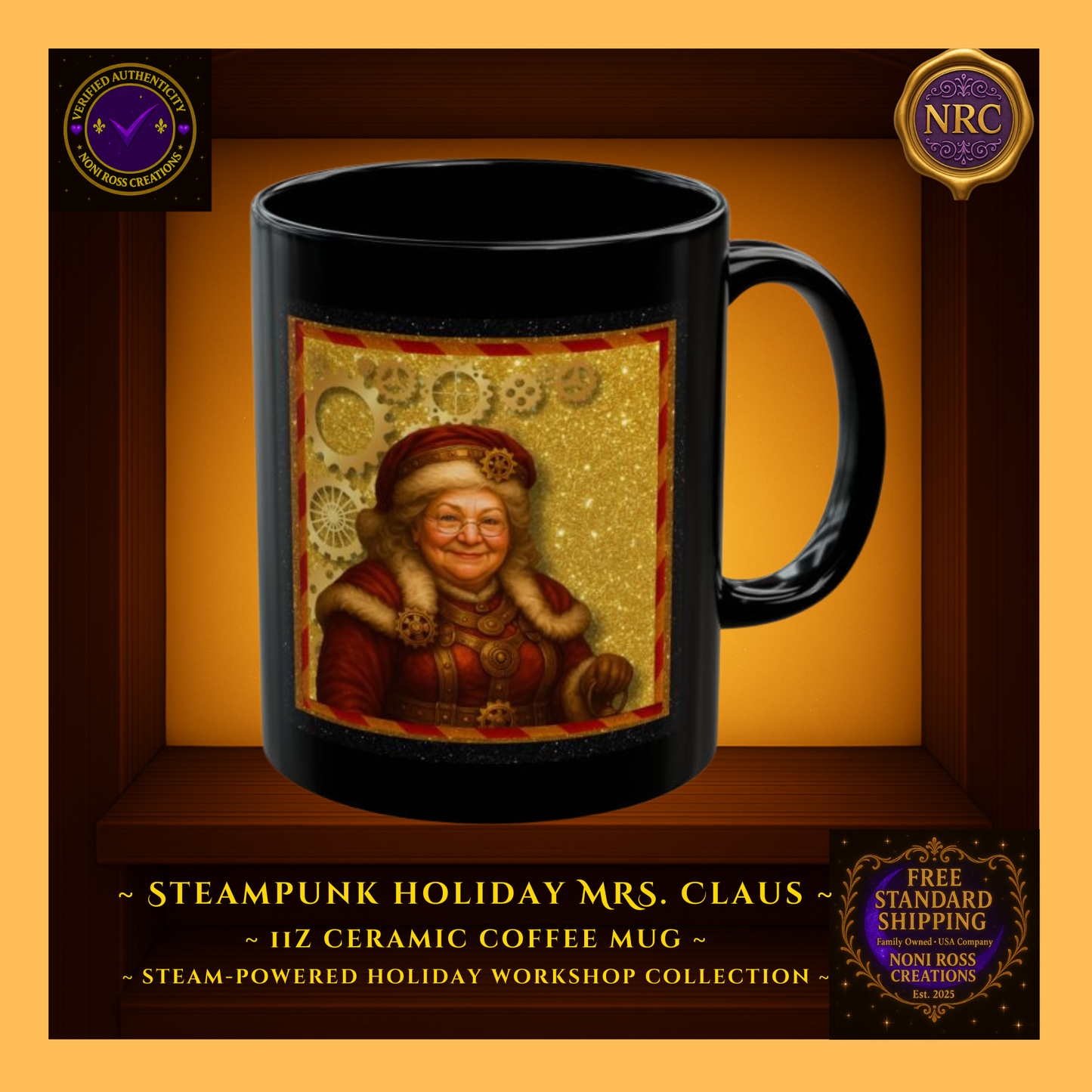 Steampunk Mrs. Claus 11oz black ceramic mug with golden gear accents and vintage holiday artwork — Noni Ross Creations.