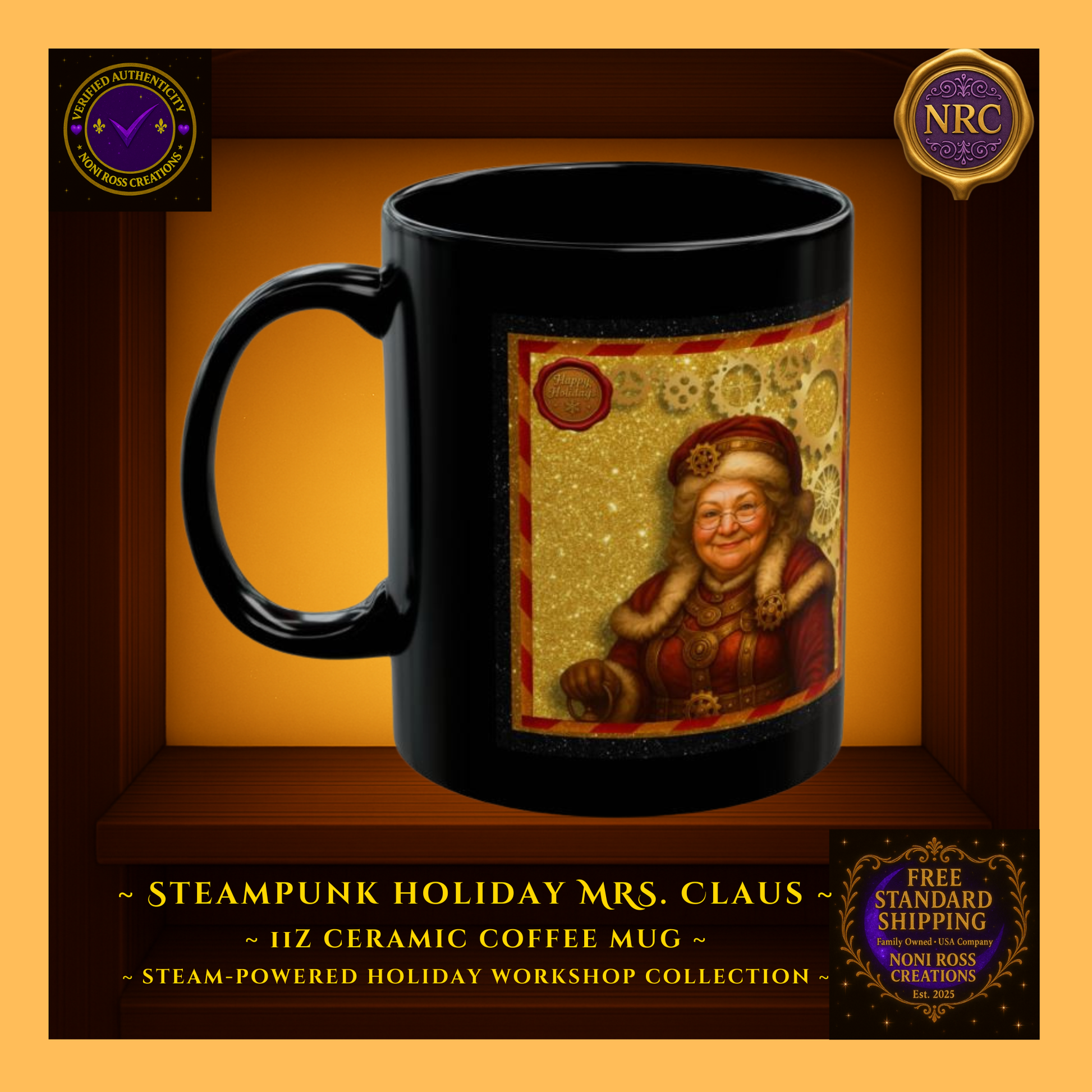 Right-side profile of Mrs. Claus mug highlighting design seam and festive red-gold steampunk tones.