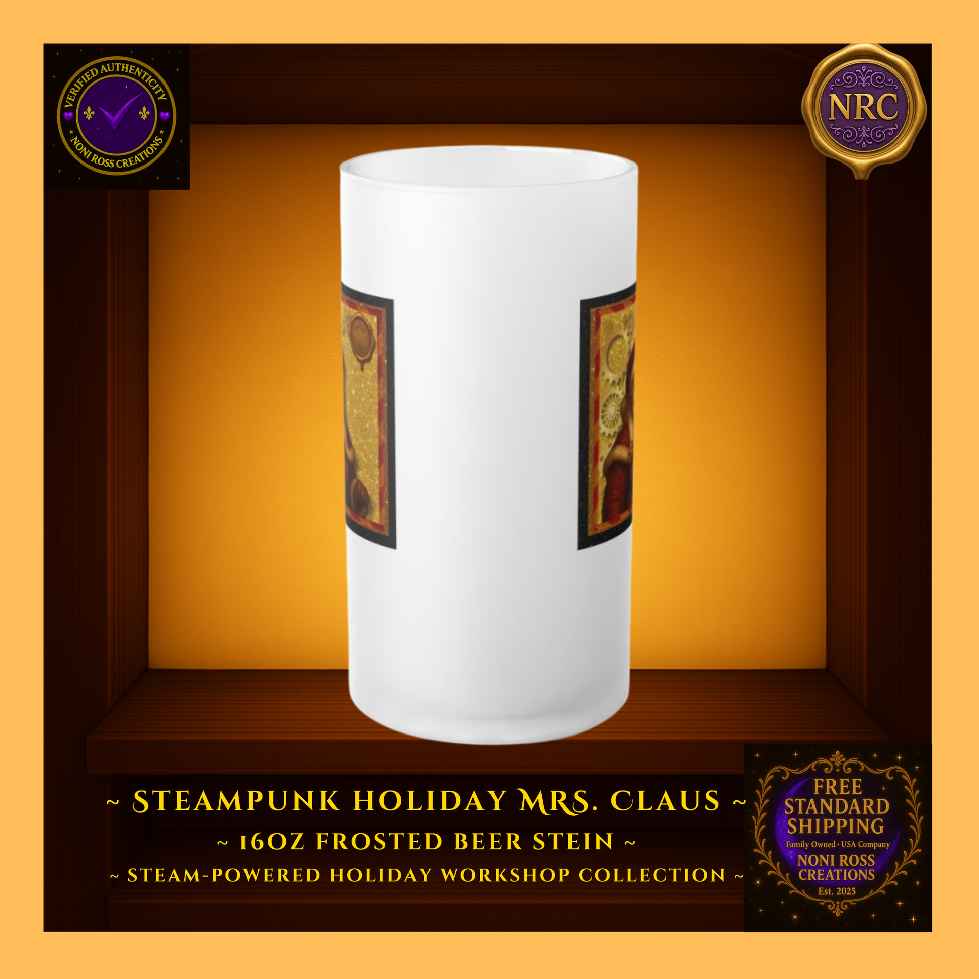 Back view of Mrs. Claus frosted beer stein showing wrap continuity and smooth matte-frost glass surface.