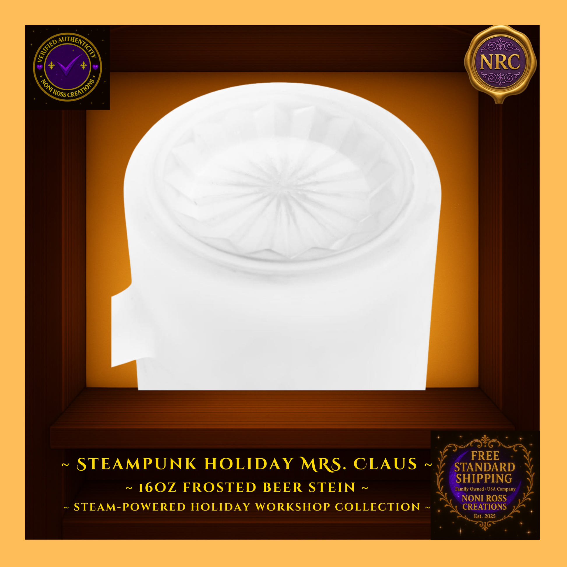 Bottom view of Mrs. Claus frosted stein showing sturdy base and clean glass rim.