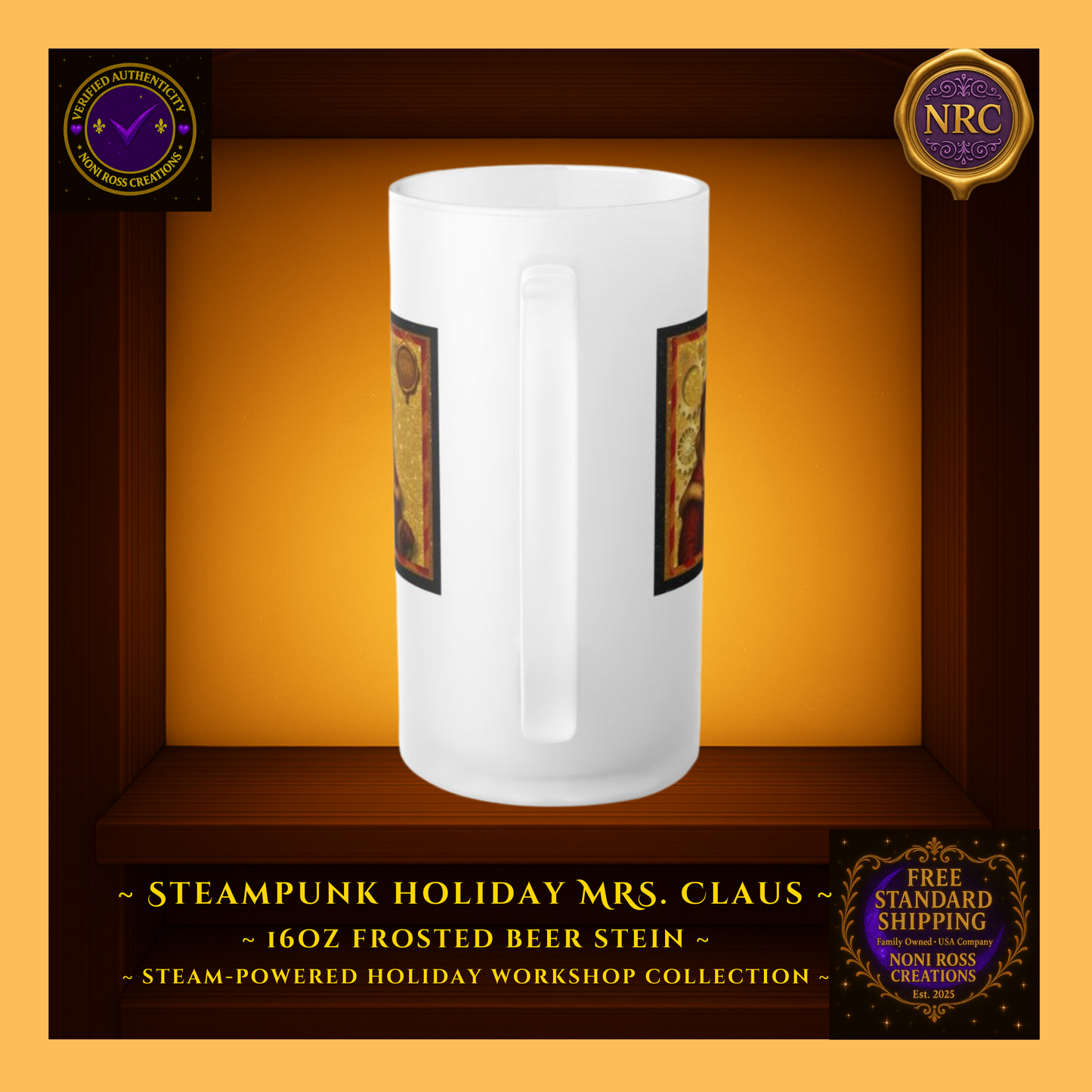 Front-side view of Mrs. Claus frosted stein showing wrap artwork edge, brass cog details, and satin frost finish.