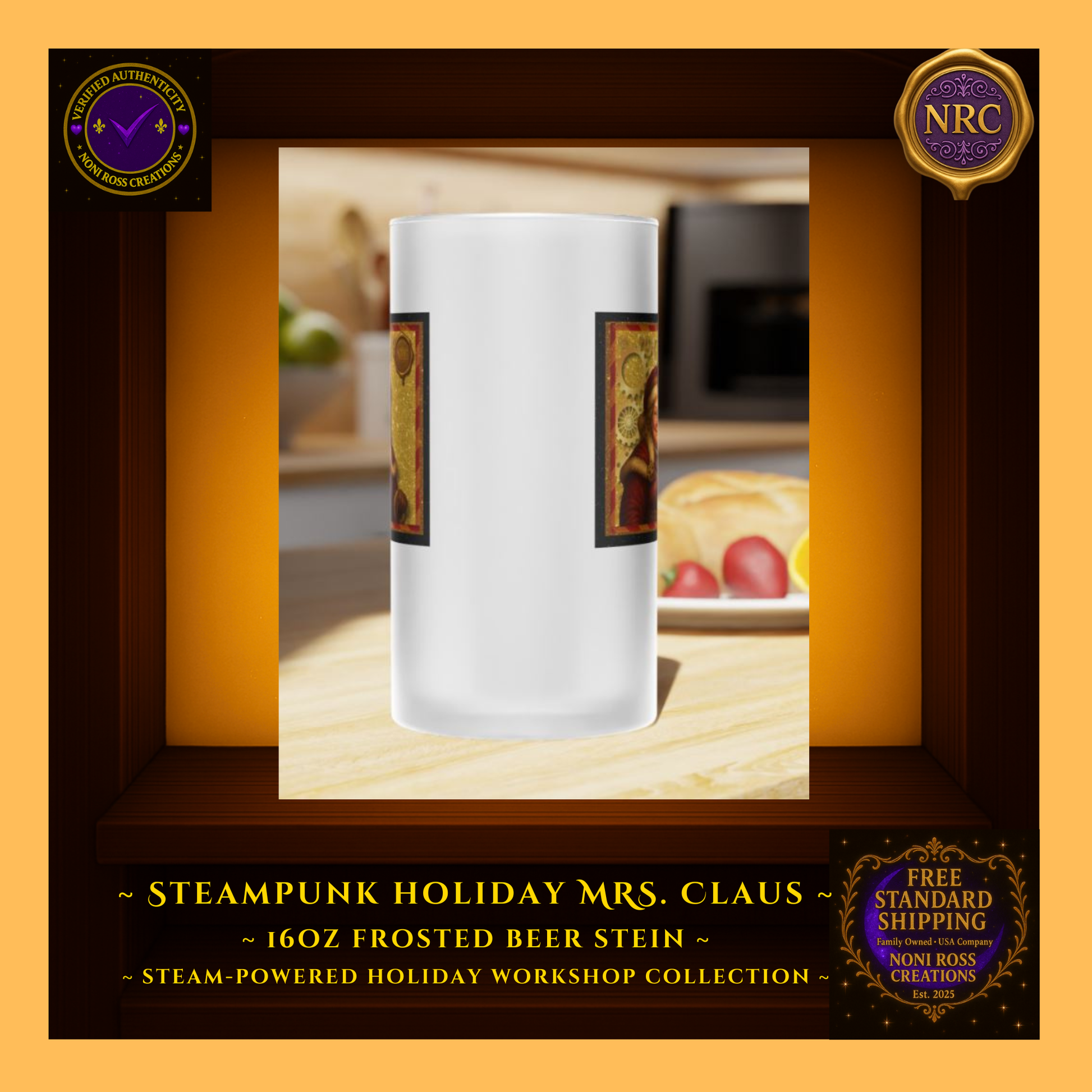 Steampunk Mrs. Claus frosted stein in hand near the tree, showing real-life scale and gift-ready presentation.