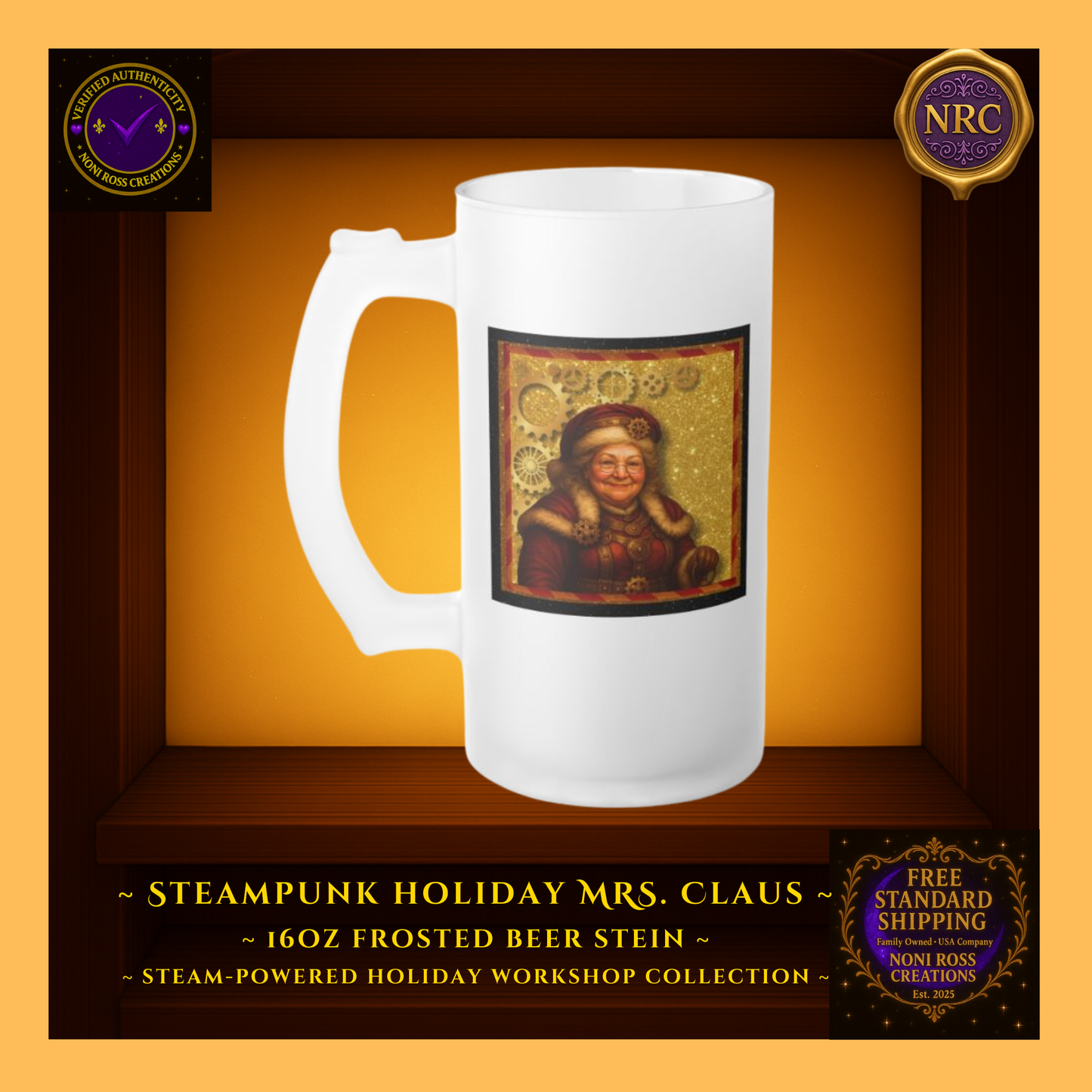 Steampunk Mrs. Claus 16oz frosted beer stein with golden gear accents and vintage holiday artwork — Noni Ross Creations.