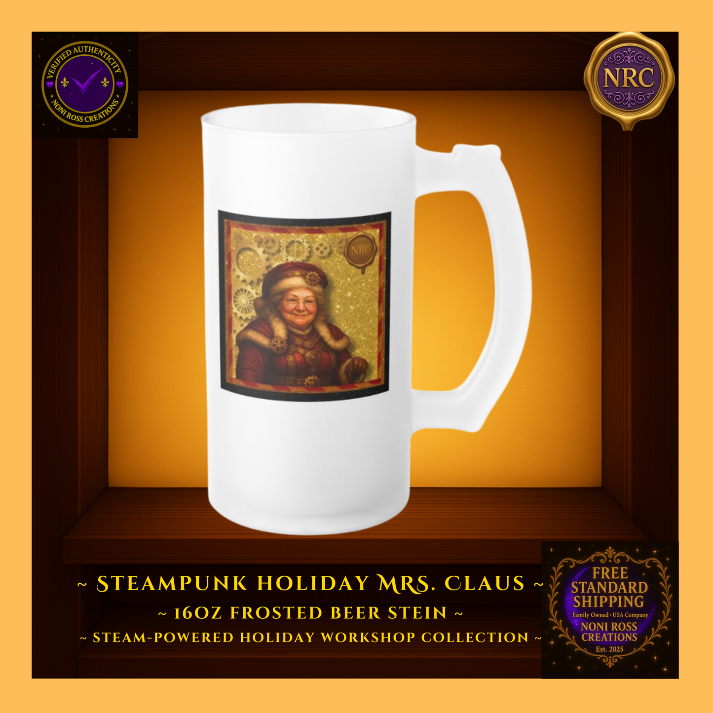 Right-side profile of 16oz Mrs. Claus frosted stein highlighting design seam and festive red-gold tones.