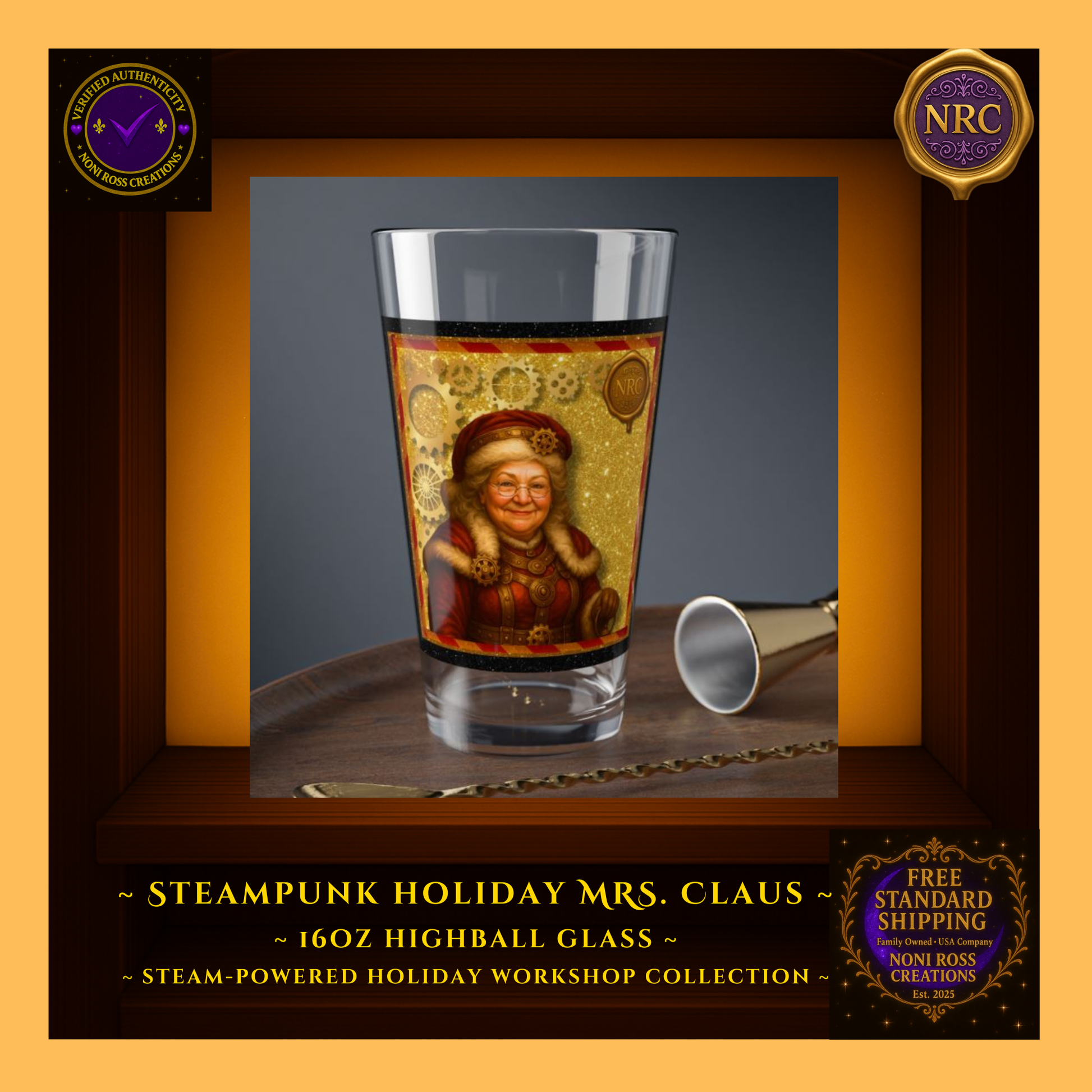 Mrs. Claus highball glass on a holiday bar tray with ornaments and twinkle lights — cheerful party scene.