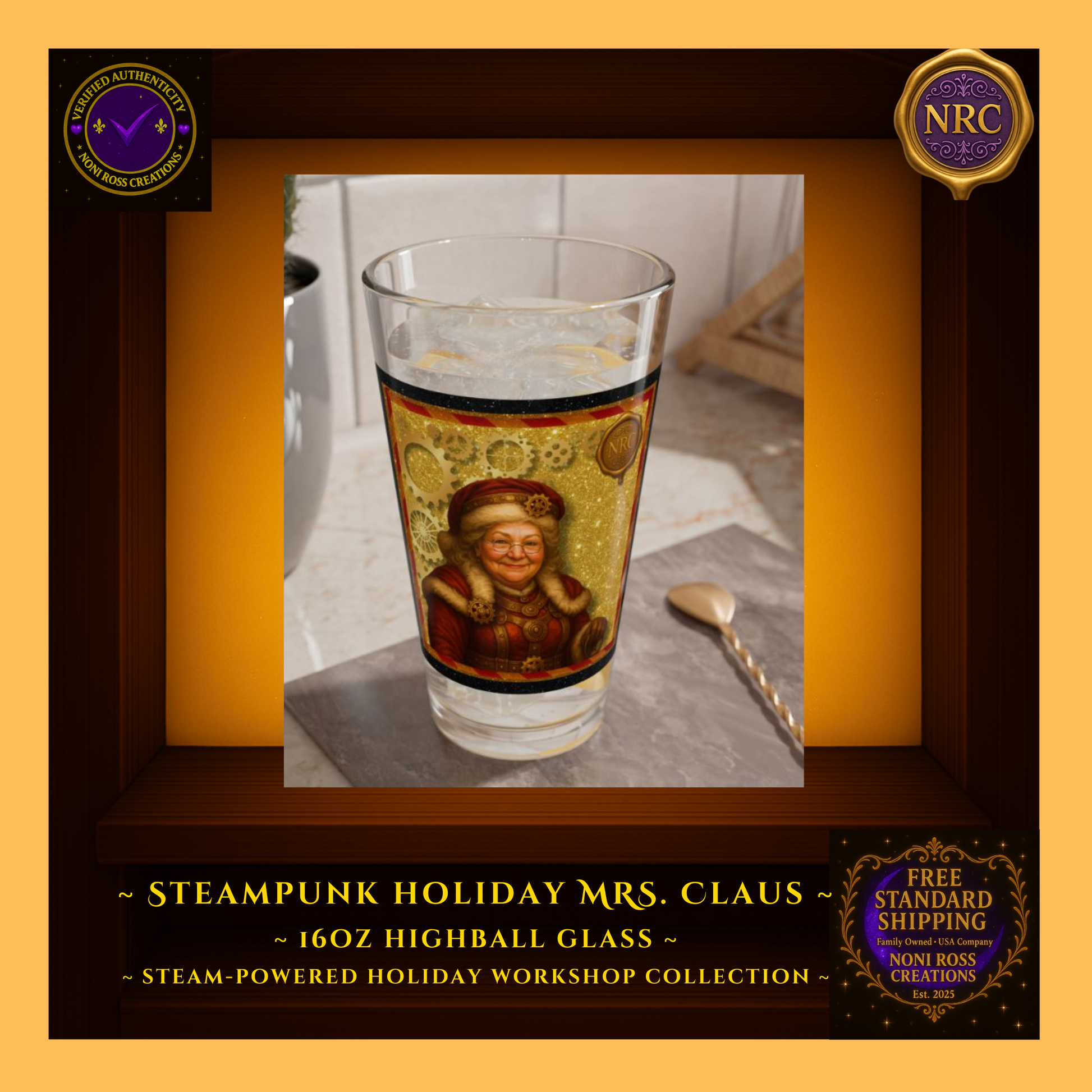 16oz Mrs. Claus highball filled with a festive drink beside cookies and garland — gift-ready collectible display.