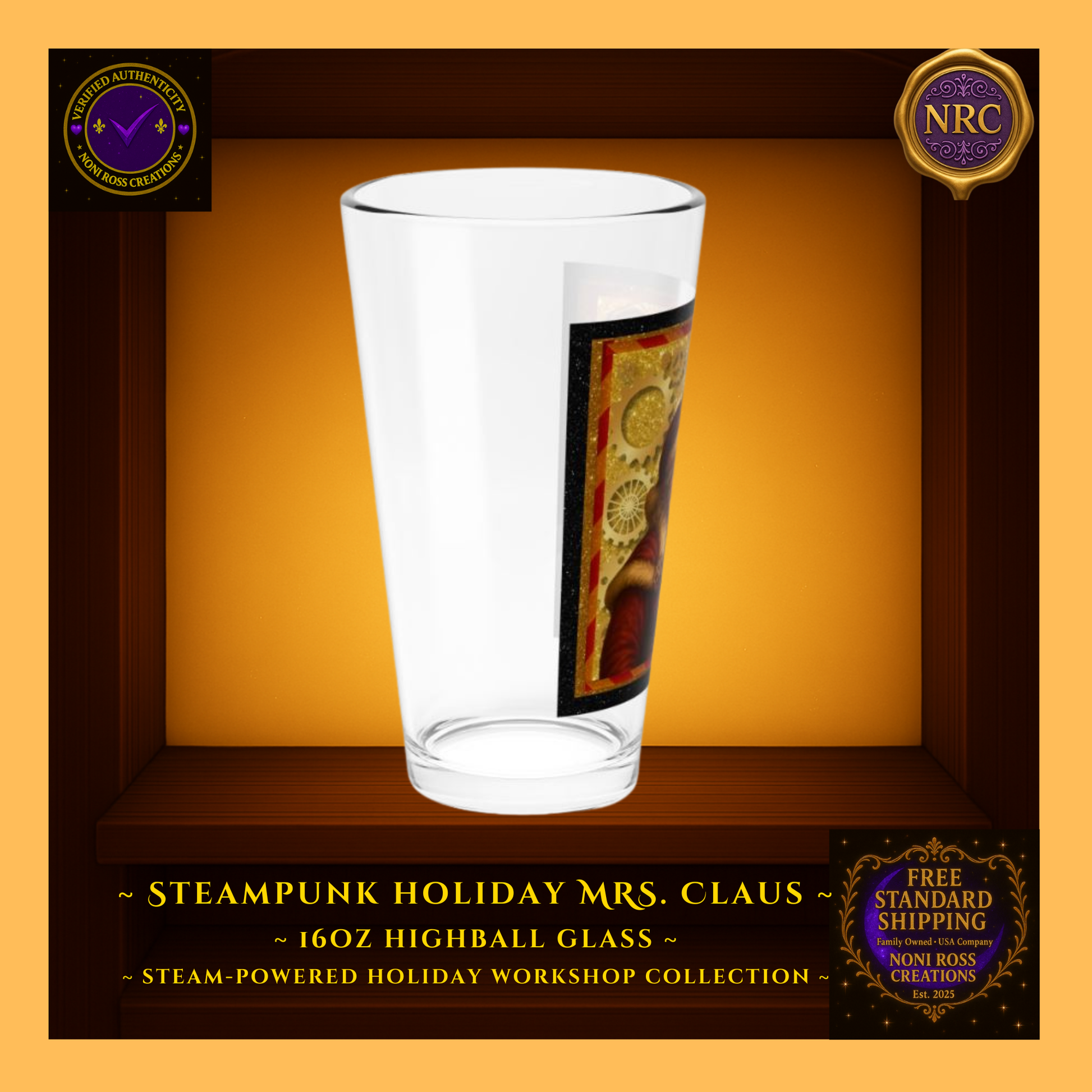 Left-side view of Mrs. Claus highball glass showing wrap artwork edge and brass cog details on clear glass.