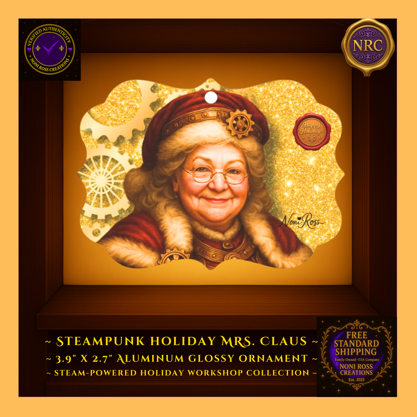 Back view of Mrs. Claus metal ornament showing smooth aluminum finish and hanging ribbon.