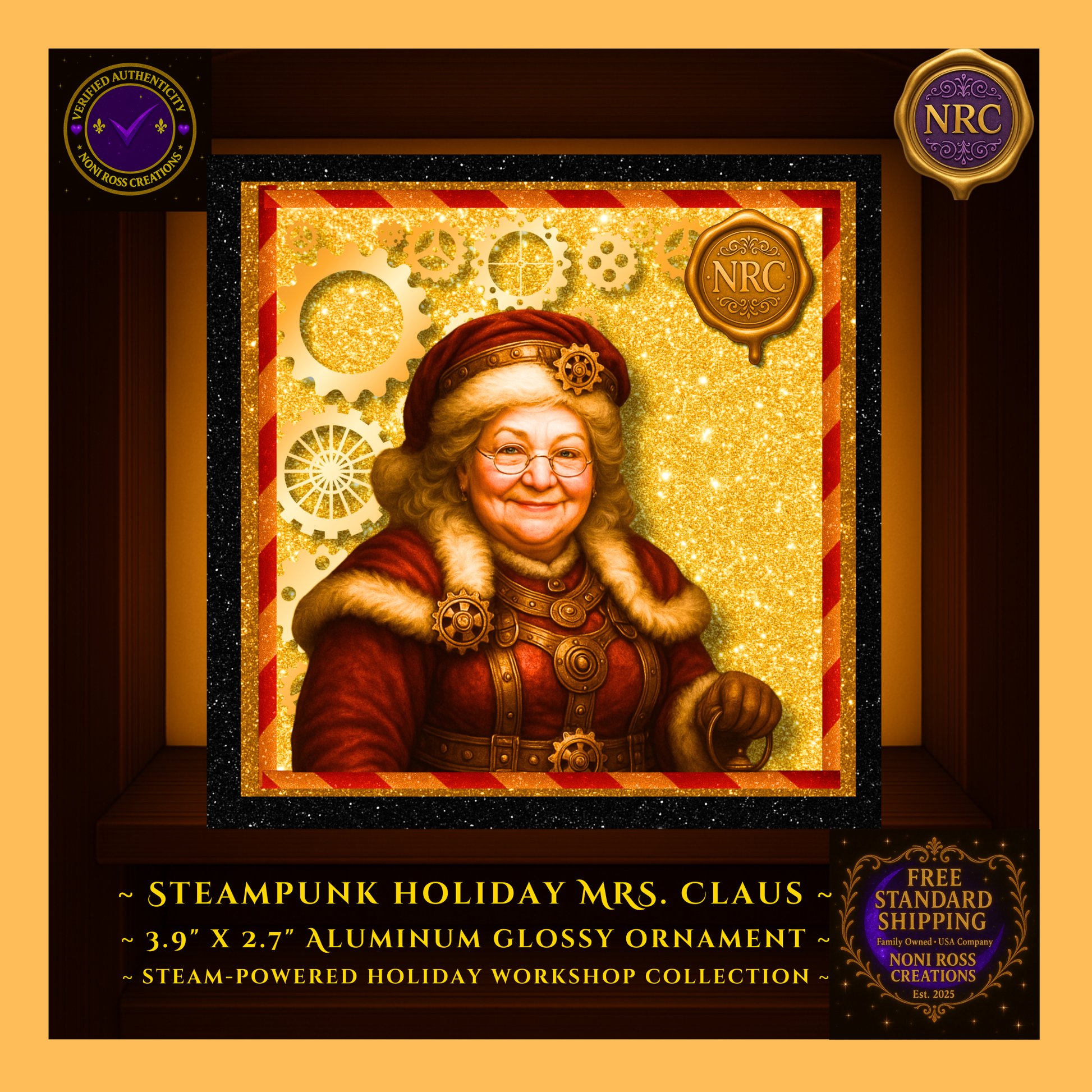 Close-up of Mrs. Claus artwork with brass cogs, red-and-gold details, and crisp print on metal surface.