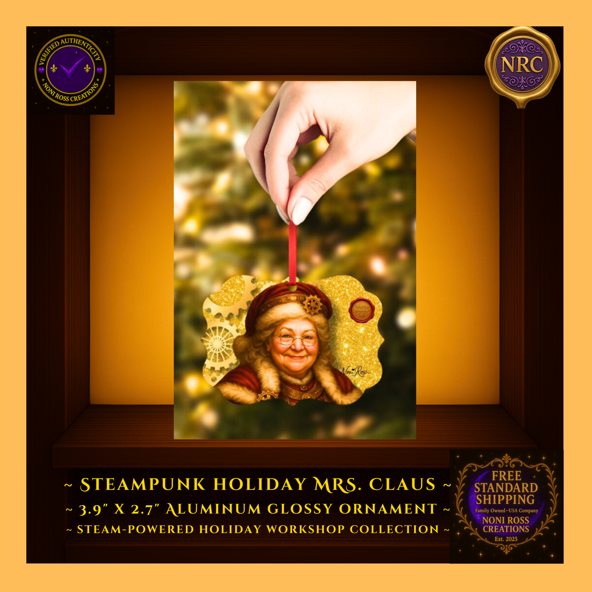 Metal Mrs. Claus ornament styled on a mantel with garland and candles — cozy holiday scene.