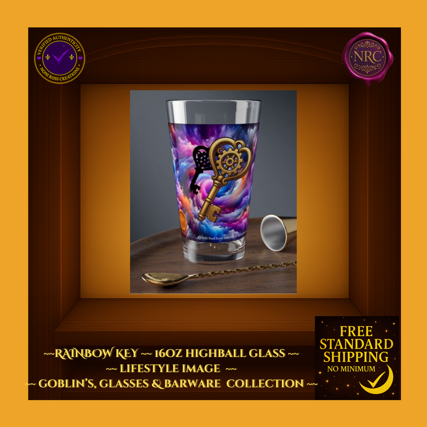 Noni the Witch Rainbow Key Highball Glass on table with bar spoon – elegant witchy drinkware from Noni Ross Creations.