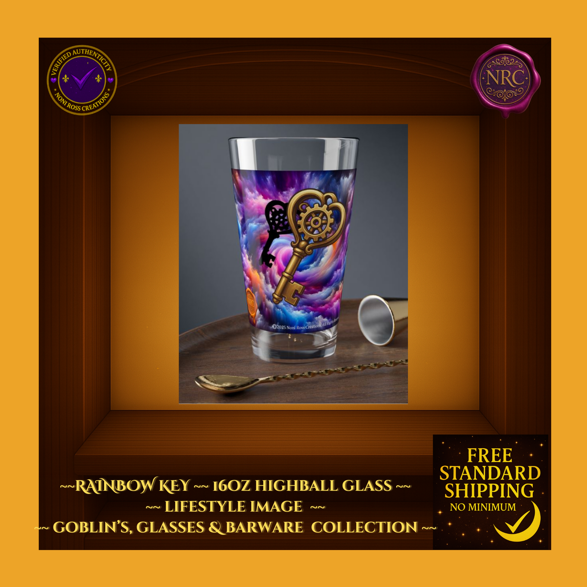Noni the Witch Rainbow Key Highball Glass on table with bar spoon – elegant witchy drinkware from Noni Ross Creations.