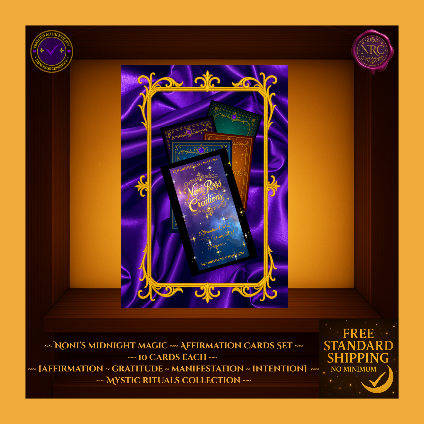 Main image of Noni’s Midnight Magic – Whispers With Purpose affirmation cards set, presented on luxurious purple satin with ornate golden frame