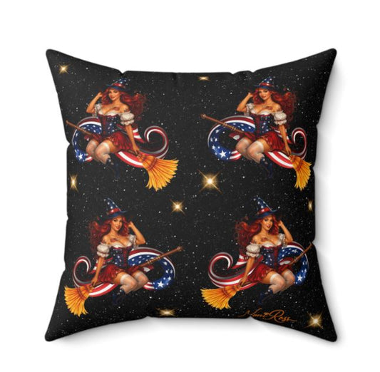 16x16 faux suede pillow featuring Noni Ross Creations multiple print design with repeating patriotic witch artwork on soft decorative throw pillow front