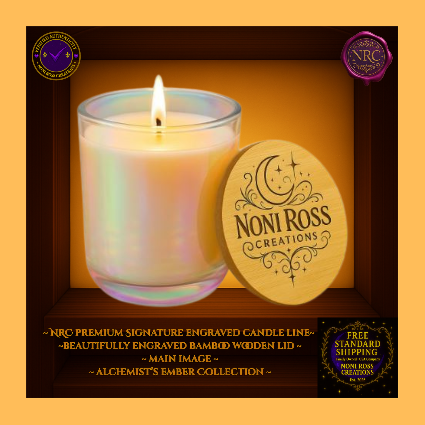 Opal iridescent glass 14oz soy candle with engraved NRC bamboo lid