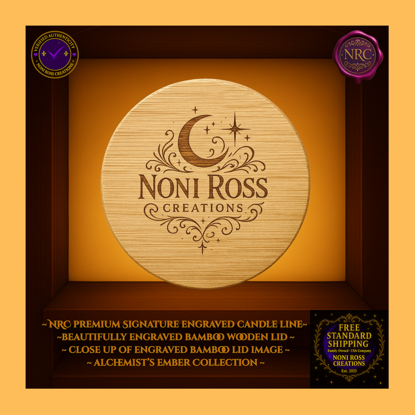 Close-up of engraved bamboo lid with Noni Ross Creations moon and star seal