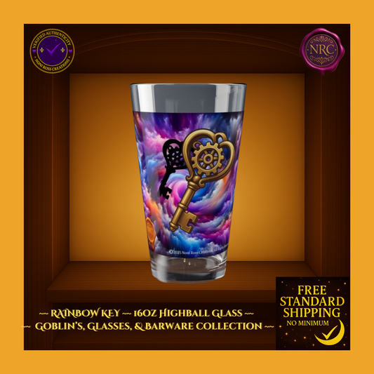 Highball glass with key design in a decorative box, featuring NRC branding.
