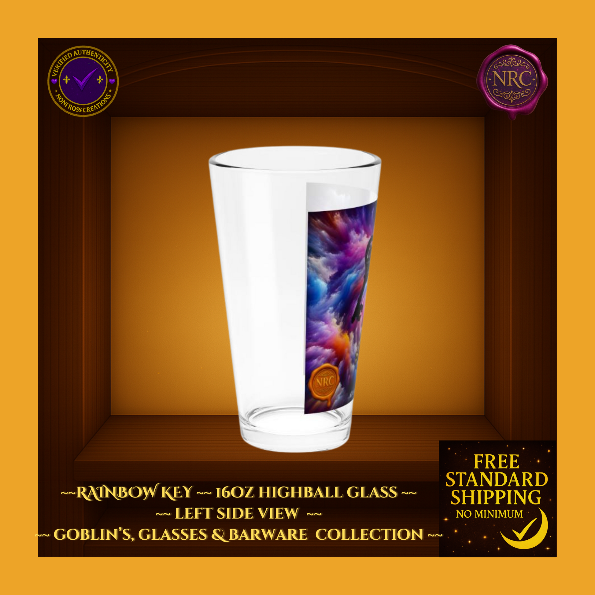 Side angle showing wraparound rainbow vortex artwork on 16oz highball glass by Noni Ross Creations