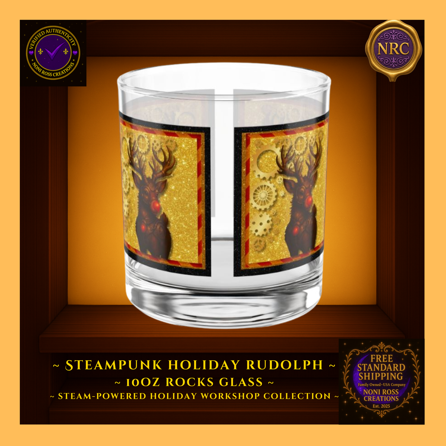Steampunk Rudolph 10oz rocks glass with glowing red nose and gold gear accents — Noni Ross Creations holiday barware.