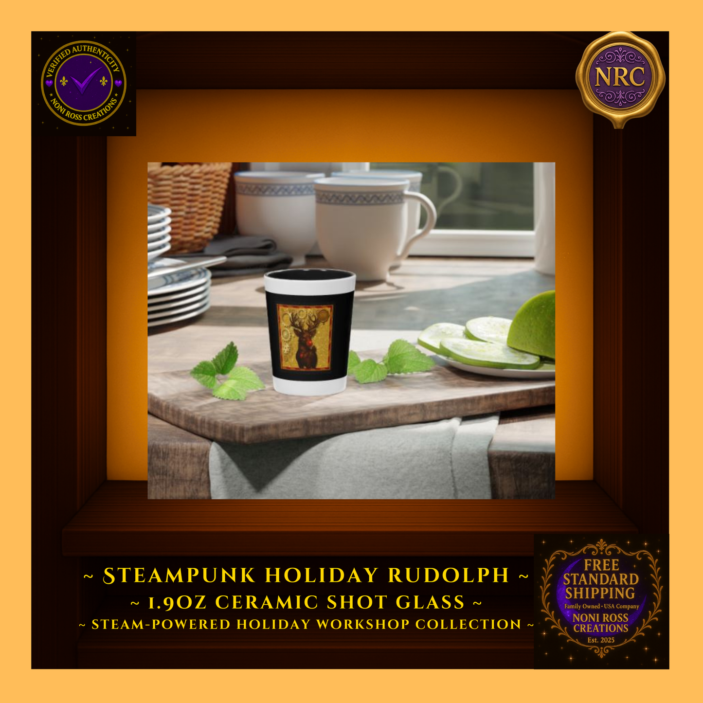 Rudolph steampunk shot glass on a holiday bar tray with ornaments and twinkle lights, cozy party scene.