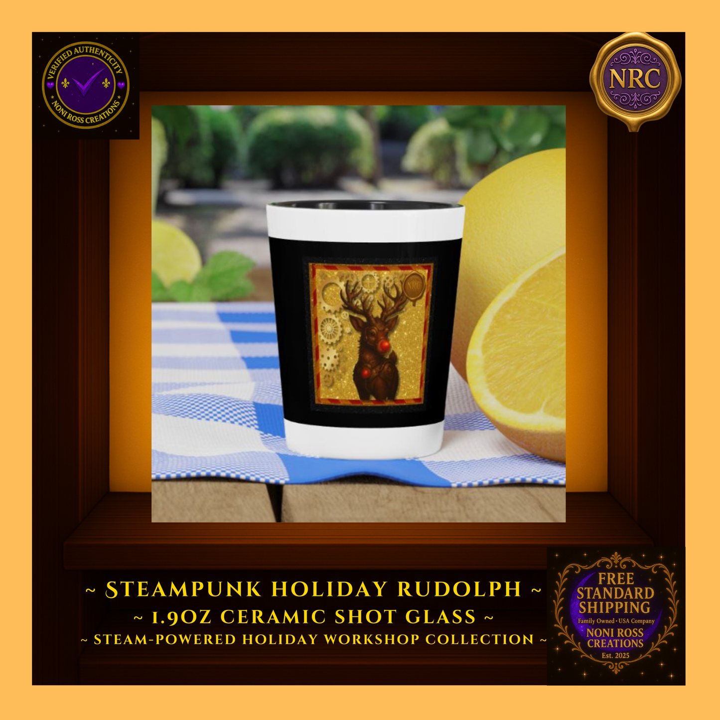 1.9oz Rudolph ceramic shot glass held in hand near Christmas tree, showing real-life scale and glow.