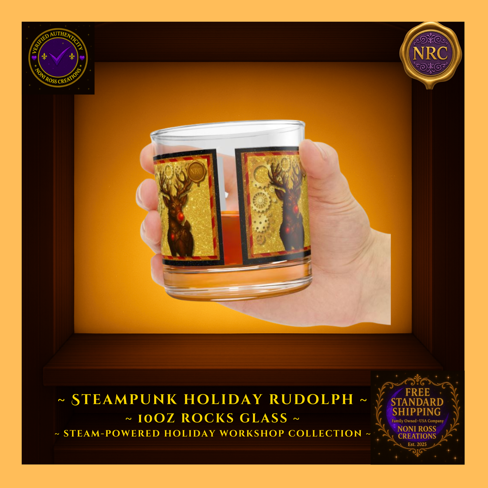 10oz Rudolph rocks glass held in hand near Christmas tree, showing real-life scale and warm seasonal glow.