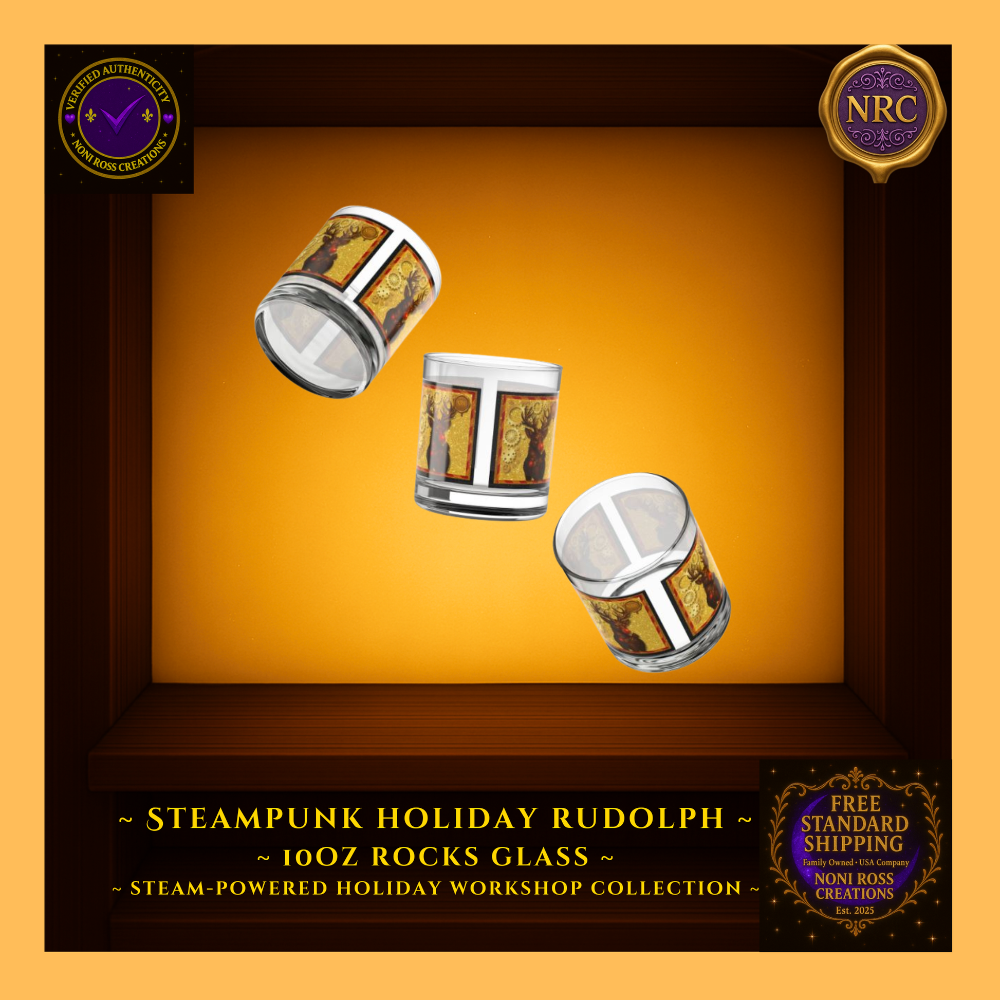 Steampunk Rudolph rocks glass styled with cookies, cocoa, and garland; gift-ready collectible display.