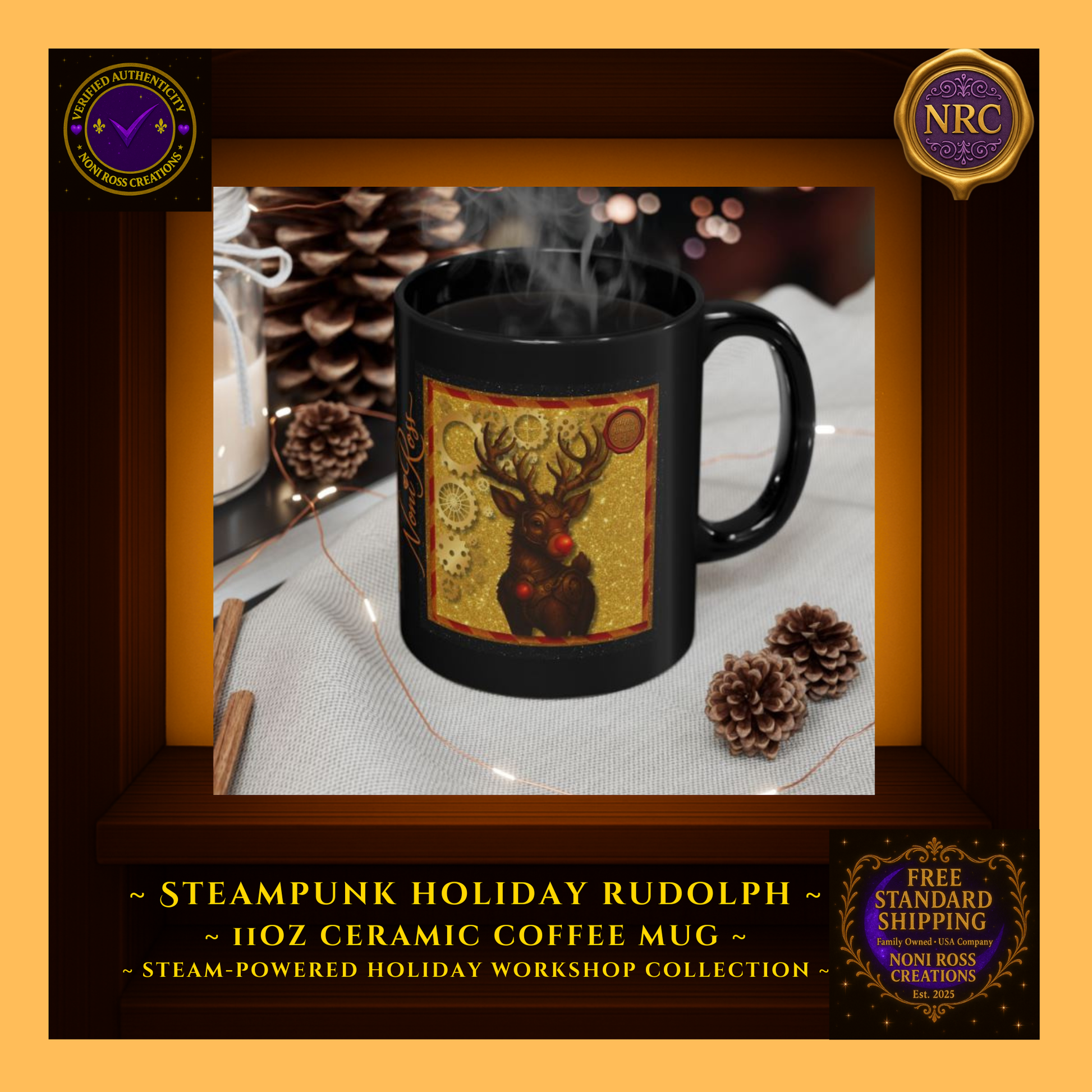 Rudolph steampunk mug filled with hot cocoa beside cookies and ornaments on a cozy holiday tabletop.